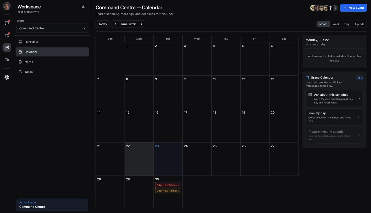 A month view of a Dock calendar